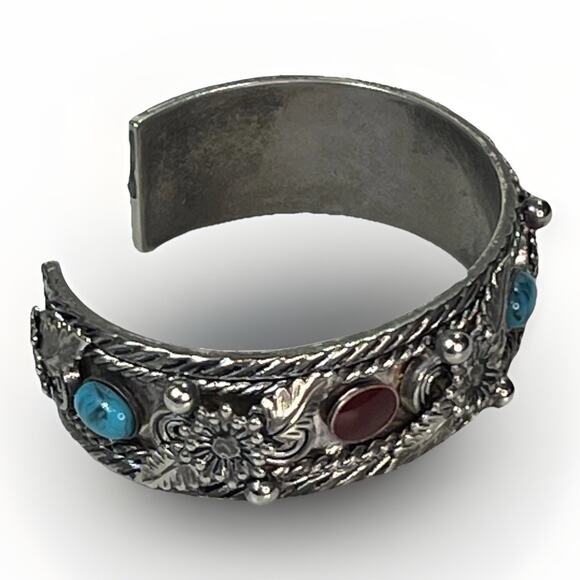 Vintage Navajo Mixed Metal Cuff Bracelet Turquoise Coral Inlay 46.3g HEAVY- 8.5” - Picture 6 of 12